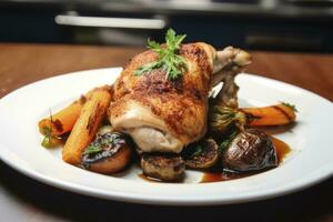 Plated chicken roast dinner on a white plate with carrot and morel mushroom. AI Generated. photo