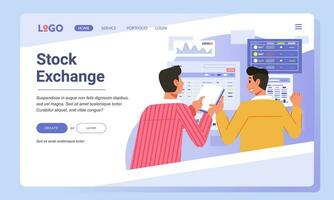 landing page vector illustration of two men discuss and analyze many charts of stock exchange