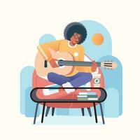 un joven negro afro músico jugando su guitarra y cantando, sentado en el sofá y escritorio con café en frente de él vector ilustración