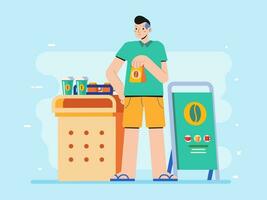 Young man character as a barista in small business coffee stall shop counter vector