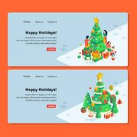 set of christmas greeting banner isometric illustration with people character, christmas tree and gift illustration vector