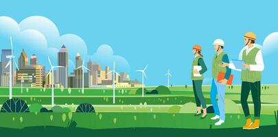 Environmental researchers inspect the impact of using renewable energy in the modern city landscape with lots of green areas vector