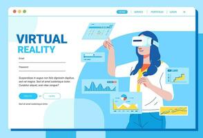 burlarse de arriba diseño sitio web plano diseño concepto virtual realidad plataforma el niña con vr lentes organizar gráfico y gráfico vector ilustración