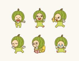 pack illustration of watermelon character emoticon with cute pose and different activities vector