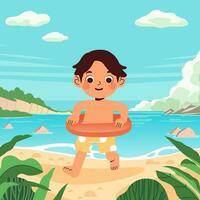 Boy playing on the beach with buoy, sunny day beach with sand and sky vector