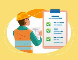 construcción trabajador hombre con marcado Lista de Verificación en portapapeles exitoso terminación de Tareas objetivo plano vector ilustración