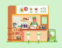 medium size coffee stand selling coffee and other food and beverages, with man character as shop assistant wearing uniform stand in counter desk vector