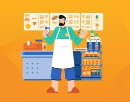 Young man character as a barista in apron holding cup and a fast food  in the coffee stall shop counter desk vector