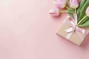 de la madre día concepto. rosado regalo caja con cinta arco y un ramo de flores de tulipanes ai generado foto