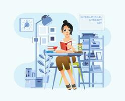 international literacy day banner with young women sit on chair and reading book on desk in the office room vector illustration