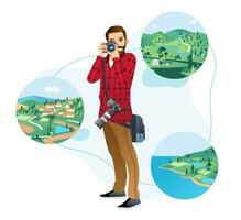 young man holding camera and taking picture in nature landscape with white background vector illustration