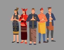 Cultural diversity of the Indonesian state, people man and woman wear traditional clothes from each iconic region vector