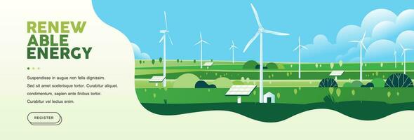 Green hills nature landscape Eco friendly technology, renewable alternative energy, wind turbine, sustainable environment banner vector