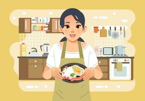 Mother wearing apron and holding a plate full of food with kitche interior as background vector illustration