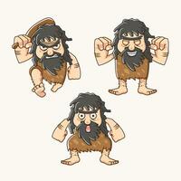 set character of a cave man in stone age with different style, facial expression and carrying bat vector illustration