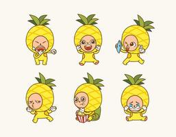 collection of character cute pineapple emoticon with different activities and facial expression vector