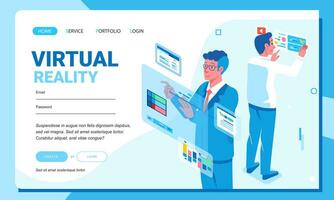 Isometric flat style businessman and entrepreneur set strategy with virtual digital floating graphic and chart web landing page vector