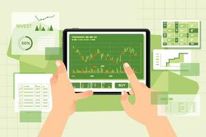 manos participación un tableta con financiero gráfico y grafico datos análisis concepto estrategia planificación vector ilustración