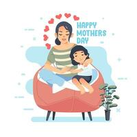 vector illustration of mother hugging her daugther, and she sitting on mothers lap, happy mother's day greeting card