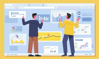 two man character looking and discussing about business info graphic on the screen, flat vector illustration