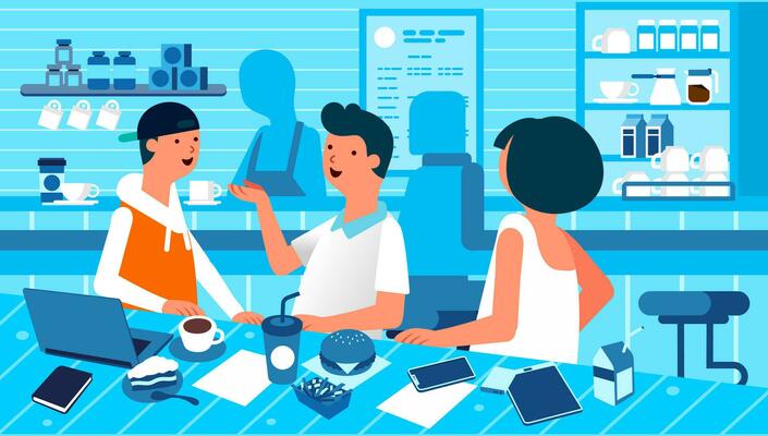 people hang in cafe talking with friend, eating and drink vector illustration