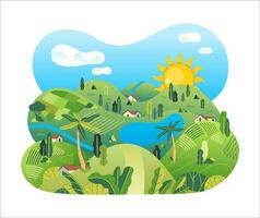 nature landscape of countryside with rice field, houses, lake, trees and beautiful scenery vector illustration