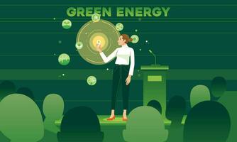 Woman on convention hall stage holding green light bulb presenting renewable energy idea environmental icons windmill, recycle, solar panel, electric car eco friendly technology vector