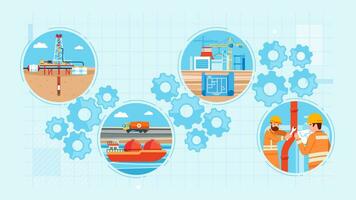 Oil industry infographic. Refinery objects. Logistic Fuel extraction. Petrol transportation by tanker and pipeline maintenance. Gasoline storage and processing. gears icon vector