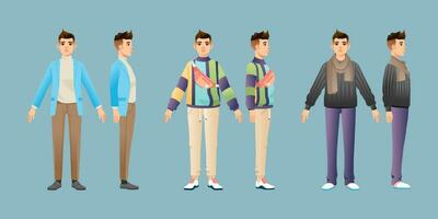 Collection of Young man in different fashionable style clothes standing set front side business office casual Vector illustration character isolated