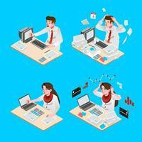 set of people man and women working in office with happy and stress face isometric vector illustration