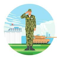 Stand by army in camouflage uniform salute on military base and combat vehicle as background vector