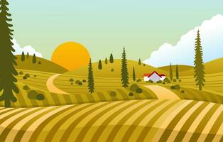 sunset view in country side with house in the middle of green field vector illustration