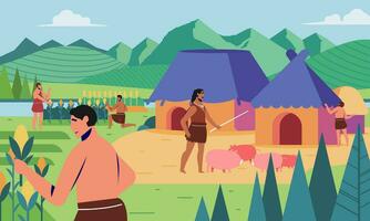 Prehistoric life of ancient human culture by farming and raising livestock to meet food needs vector illustration