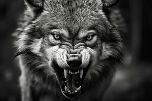 Greyscale closeup shot of an angry wolf with a blurred background. AI Generated photo