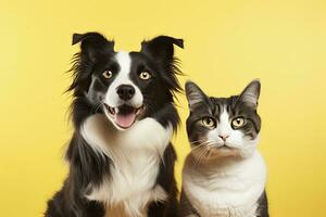 Cat and dog together with happy expressions on yellow background. AI Generated photo