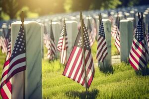 Military Headstones and Gravestones Decorated With Flags for Memorial Day.  AI Generated photo