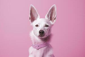 Pink colored dog on Pink Background. AI Generated photo