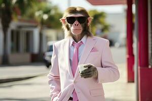 A Monkey is wearing sunglasses, suit and standing on street. AI Generated photo