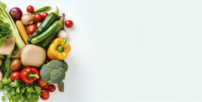 Healthy food in paper bag vegetables and fruits on white background. AI Generated photo