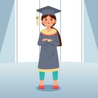 Girl graduate students standing on stage Flat style vector illustration