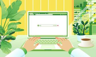 Business hands typing with green plants around the table browser on screen. Office desk concept. green city landscape on window view vector