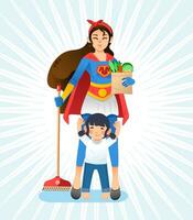 super mom, mother wearing superhero costume holding broom and groceries, little daughter standing in front of mother and raising her hand vector