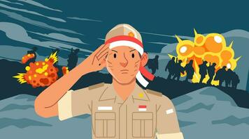 Portrait of indonesian soldier giving salute with explosion war background and silhouette of longmarch soldier of independence war vector