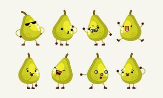 collection of cute pear character mascot illustration with different pose and facial expression vector