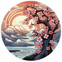 Cherry blossoms in the sunset background. Japanese tattoo style. AI Generated photo