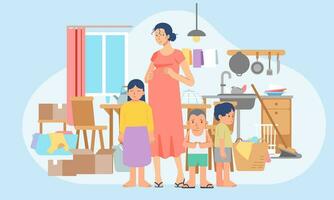 Life of a shabby mother poor family with many children in a messy, unhealthy, worrying, and sad room vector