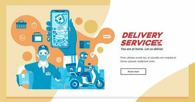 food delivery service company with man bringing box as mascot and courier riding motorcycle sending package to customer, phone app for orderring vector