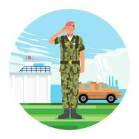 Stand by army soldier in uniform salute on military base and combat vehicle as background vector