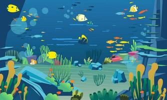 underwater illustration with various animals, marine plants, and coral reefs vector