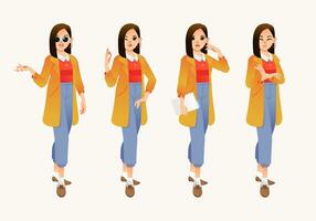 conjunto ilustración de moderno elegante joven mujer caracter con diferente actitud vector